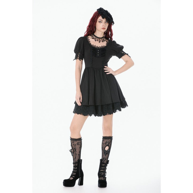 Dark in Love Gothic Dress Lace Square-Neck Puff-Sleeve UK 8-18 - Collar Detail - QHA UK