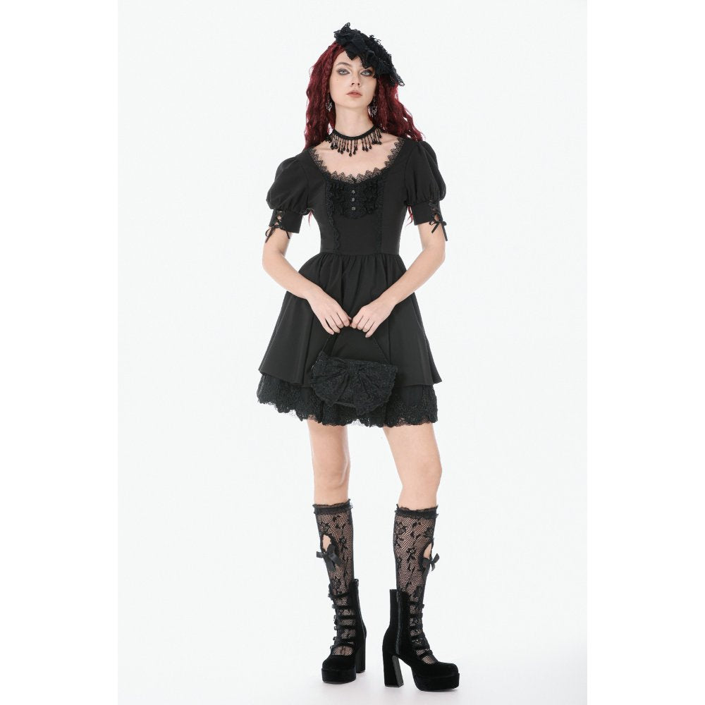Dark in Love Gothic Dress Lace Square-Neck Puff-Sleeve UK 8-18 - Collar Detail - QHA UK