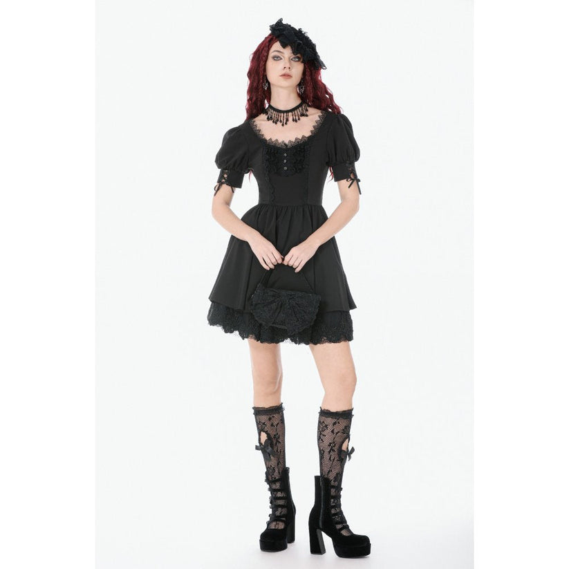 Dark in Love Gothic Dress Lace Square-Neck Puff-Sleeve UK 8-18 - Collar Detail - QHA UK