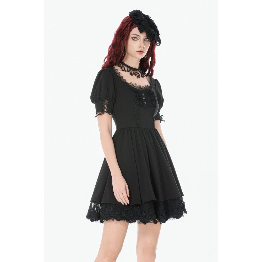 Dark in Love Gothic Dress Lace Square-Neck Puff-Sleeve UK 8-18 - Collar Detail - QHA UK
