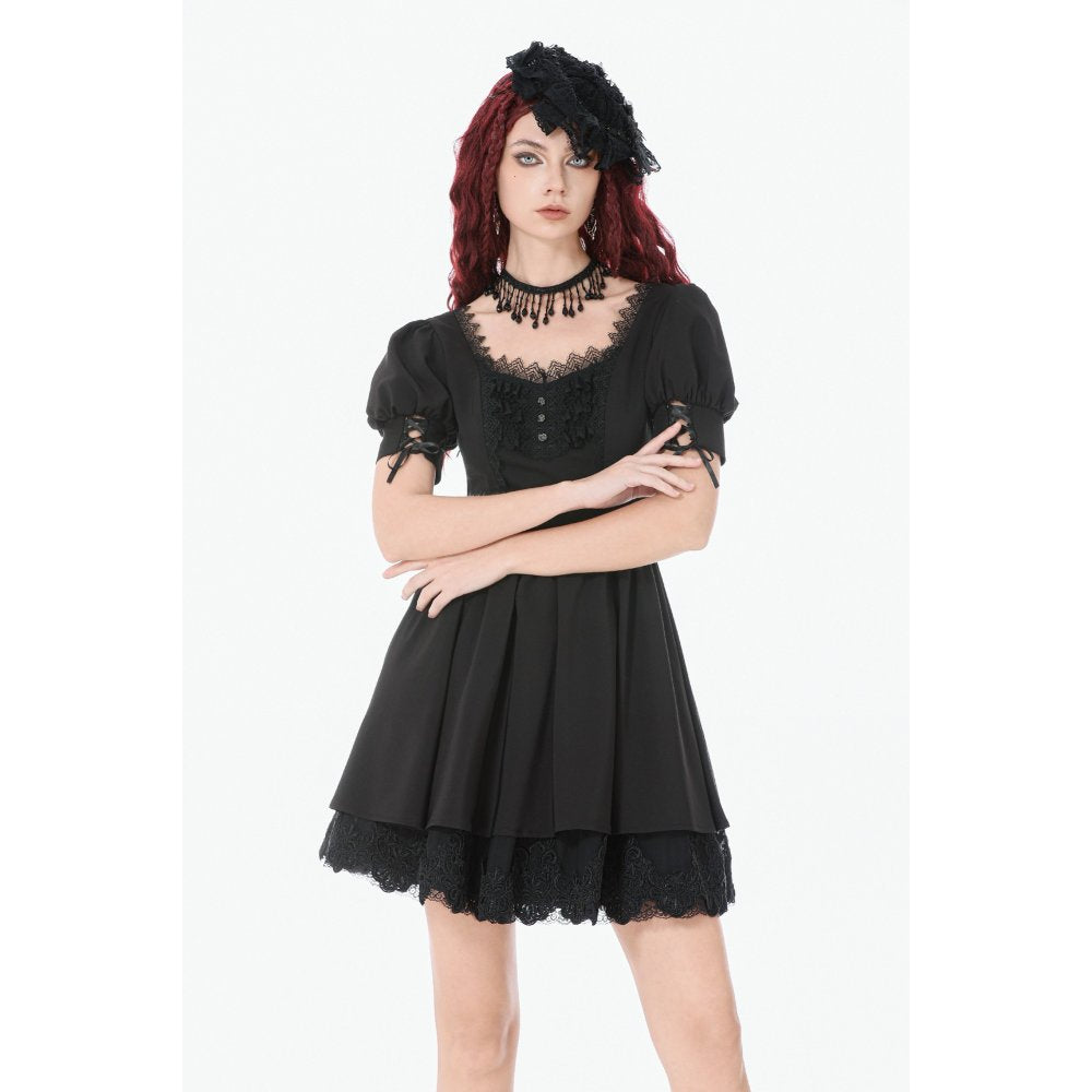 Dark in Love Gothic Dress Lace Square-Neck Puff-Sleeve UK 8-18 - Collar Detail - QHA UK