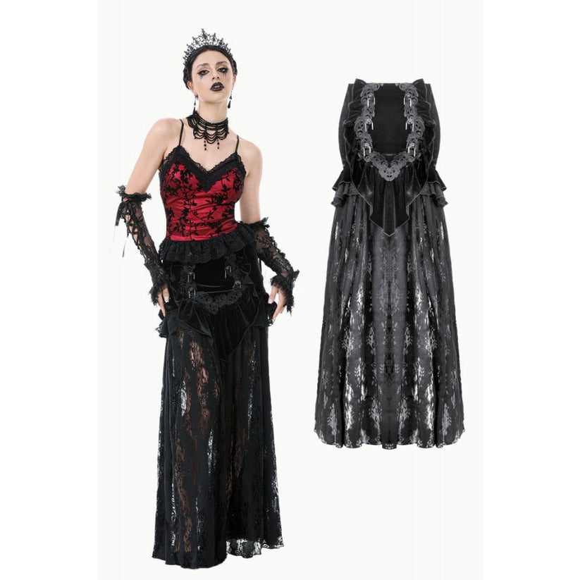 Dark in Love Gothic Maxi Skirt Lace Velvet Layered Black UK 8-22 - QHA UK