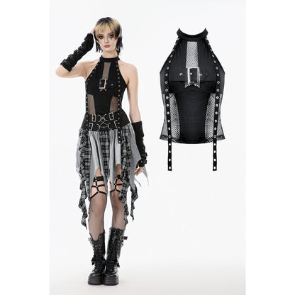 Dark in Love Women's Gothic Vest Top Mesh Panel Buckle UK 8-22 - QHA UK