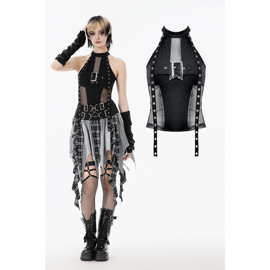 Dark in Love Women's Gothic Vest Top Mesh Panel Buckle UK 8-22 - QHA UK