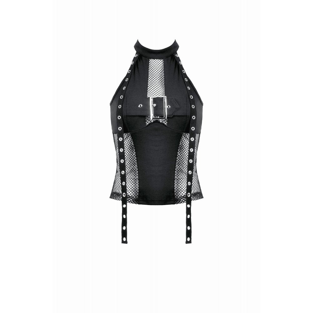 Dark in Love Women's Gothic Vest Top Mesh Panel Buckle UK 8-22 - Buckle Detail - QHA UK