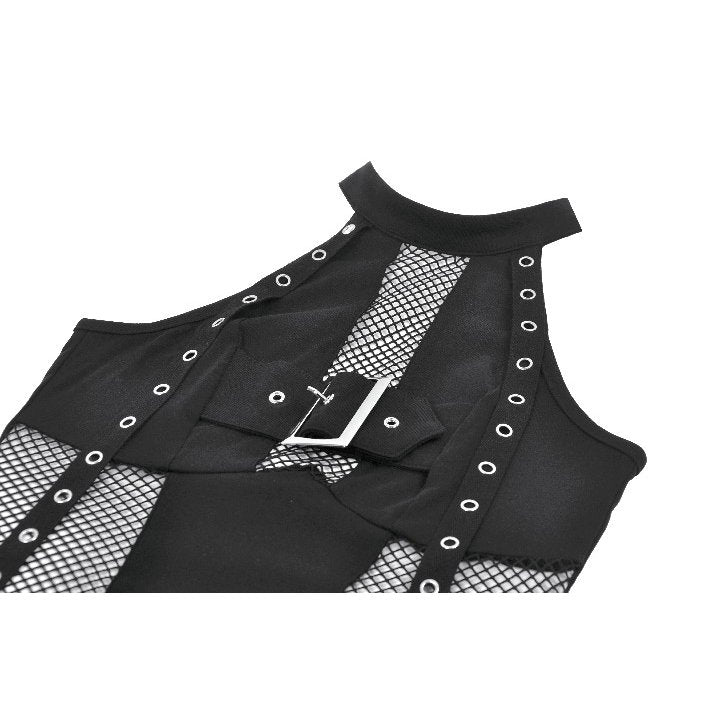 Dark in Love Women's Gothic Vest Top Mesh Panel Buckle UK 8-22 - Buckle Detail - QHA UK