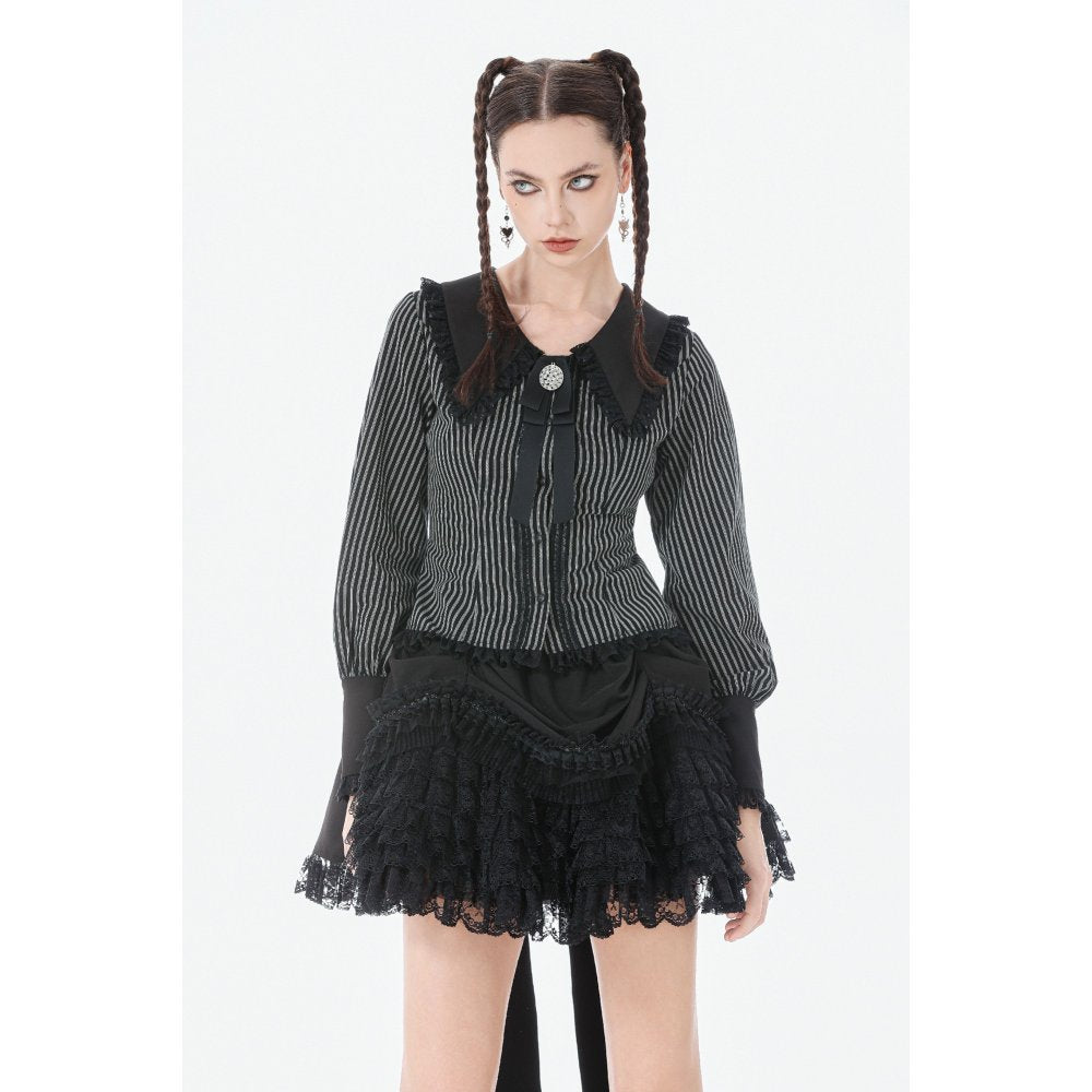 Dark in Love Women's Dark Academia Shirt Peter Pan Collar Lace Striped - Collar Detail - QHA UK