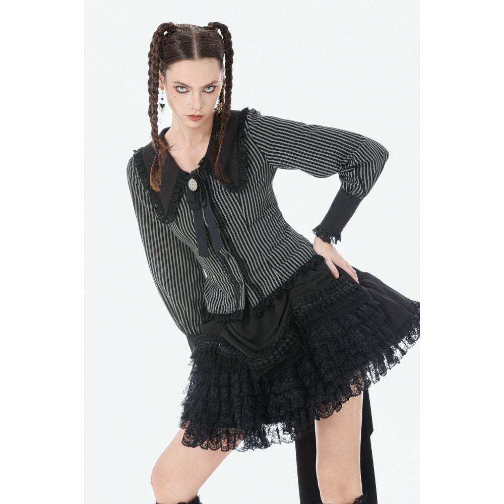 Dark in Love Women's Dark Academia Shirt Peter Pan Collar Lace Striped - Collar Detail - QHA UK