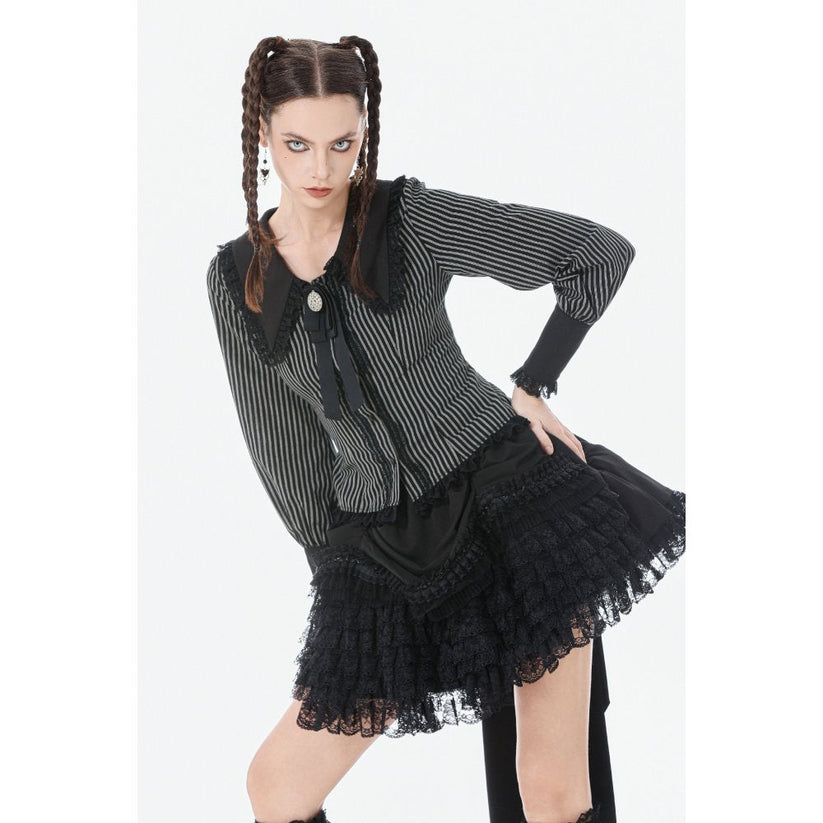 Dark in Love Women's Dark Academia Shirt Peter Pan Collar Lace Striped - Collar Detail - QHA UK