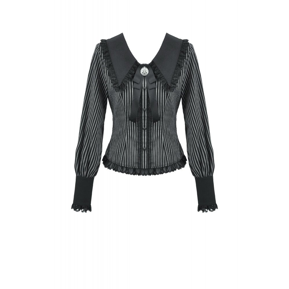Dark in Love Women's Dark Academia Shirt Peter Pan Collar Lace Striped - Collar Detail - QHA UK