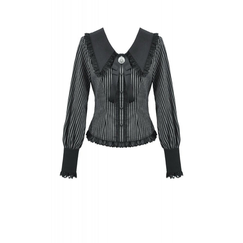Dark in Love Women's Dark Academia Shirt Peter Pan Collar Lace Striped - Collar Detail - QHA UK
