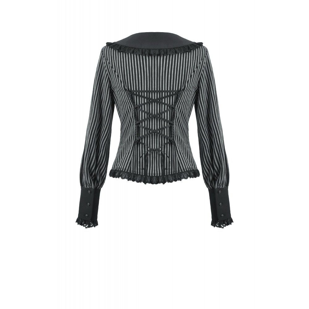 Dark in Love Women's Dark Academia Shirt Peter Pan Collar Lace Striped - Collar Detail - QHA UK