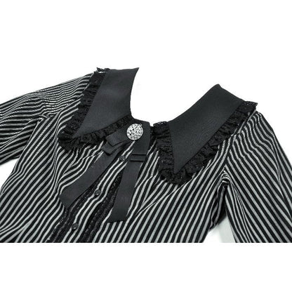 Dark in Love Women's Dark Academia Shirt Peter Pan Collar Lace Striped - Collar Detail - QHA UK