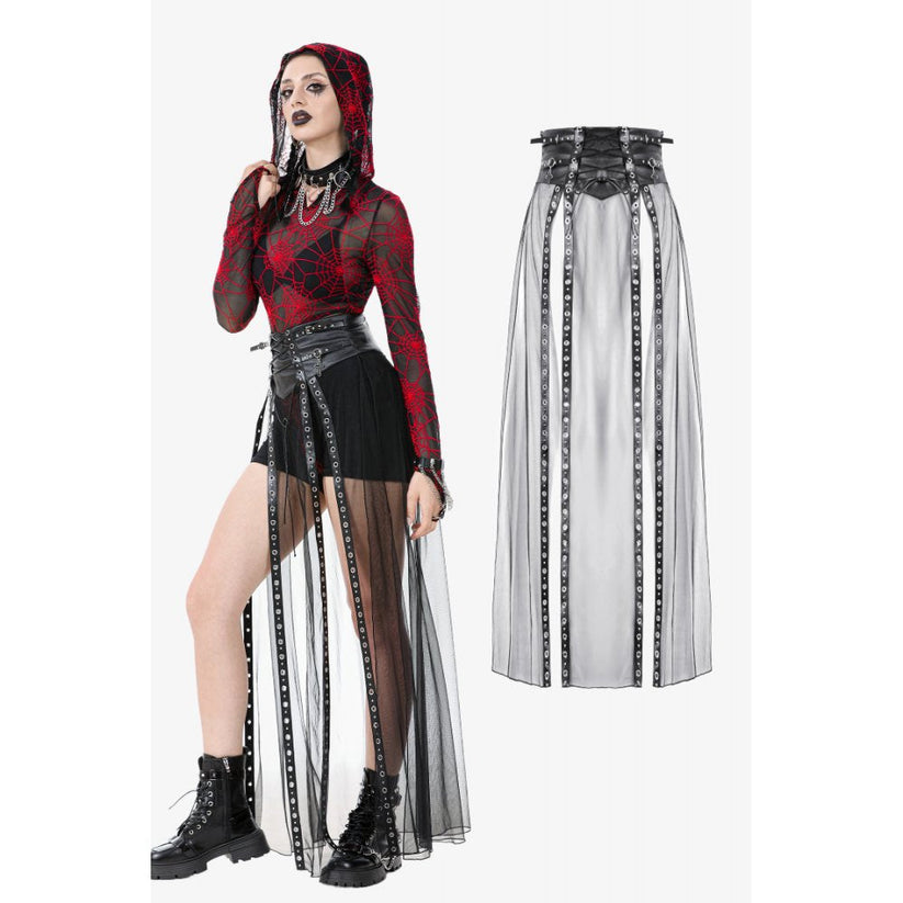 Dark in Love Women's Gothic Maxi Skirt Mesh with PU Waist Corset - QHA UK