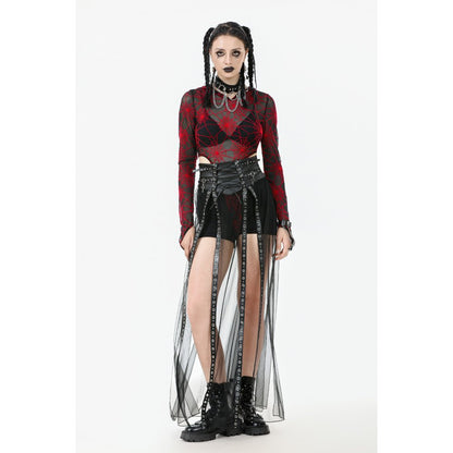 Dark in Love Women's Gothic Maxi Skirt Mesh with PU Waist Corset - Waistband Detail - QHA UK