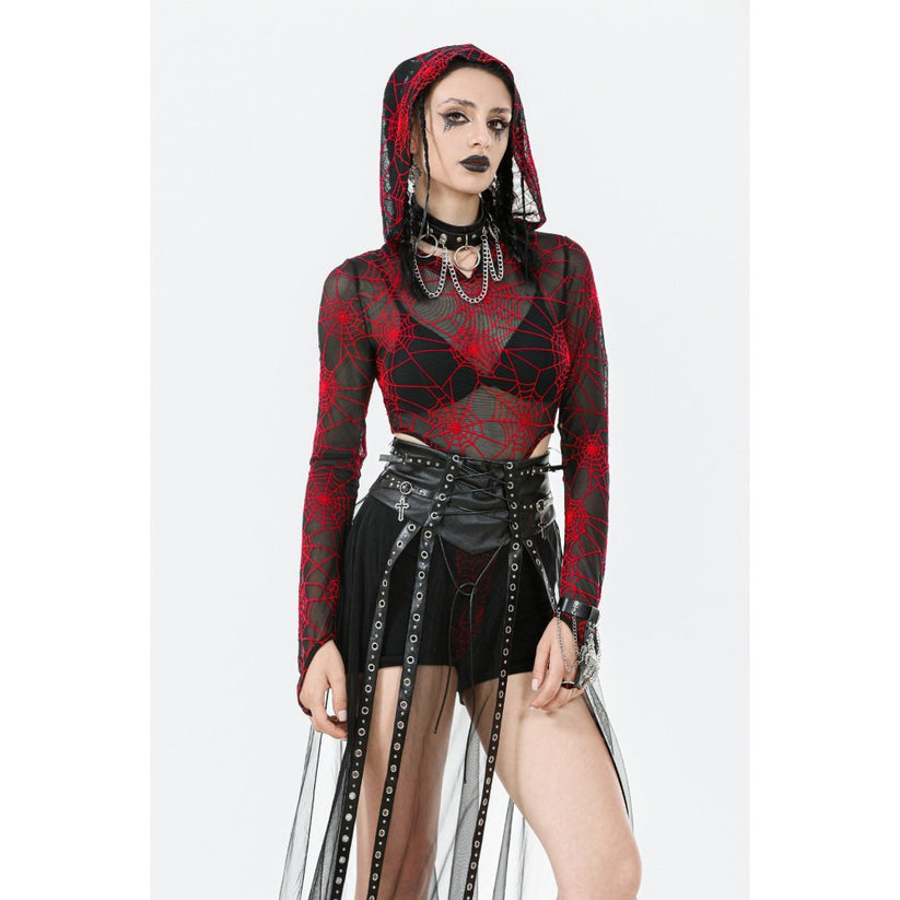 Dark in Love Women's Gothic Maxi Skirt Mesh with PU Waist Corset - Waistband Detail - QHA UK