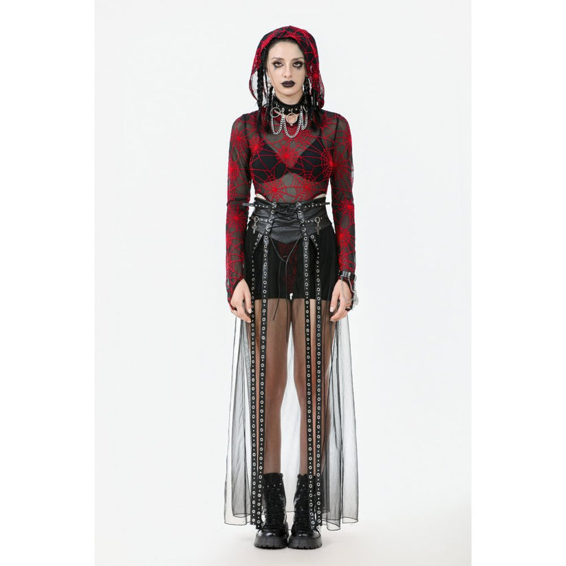 Dark in Love Women's Gothic Maxi Skirt Mesh with PU Waist Corset - Waistband Detail - QHA UK