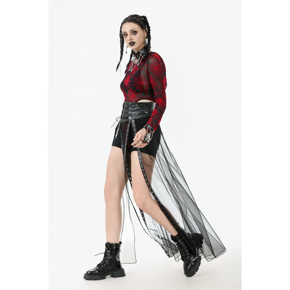 Dark in Love Women's Gothic Maxi Skirt Mesh with PU Waist Corset - Waistband Detail - QHA UK