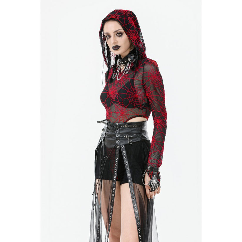 Dark in Love Women's Gothic Maxi Skirt Mesh with PU Waist Corset - Waistband Detail - QHA UK