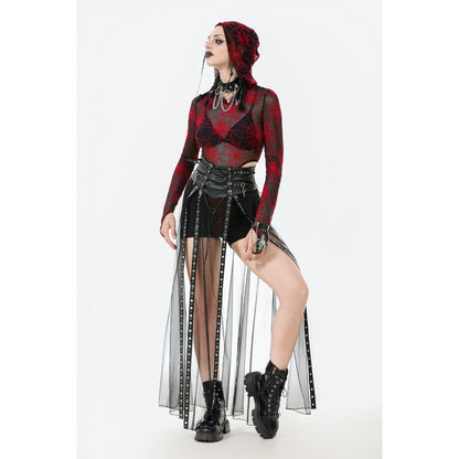 Dark in Love Women's Gothic Maxi Skirt Mesh with PU Waist Corset - Waistband Detail - QHA UK