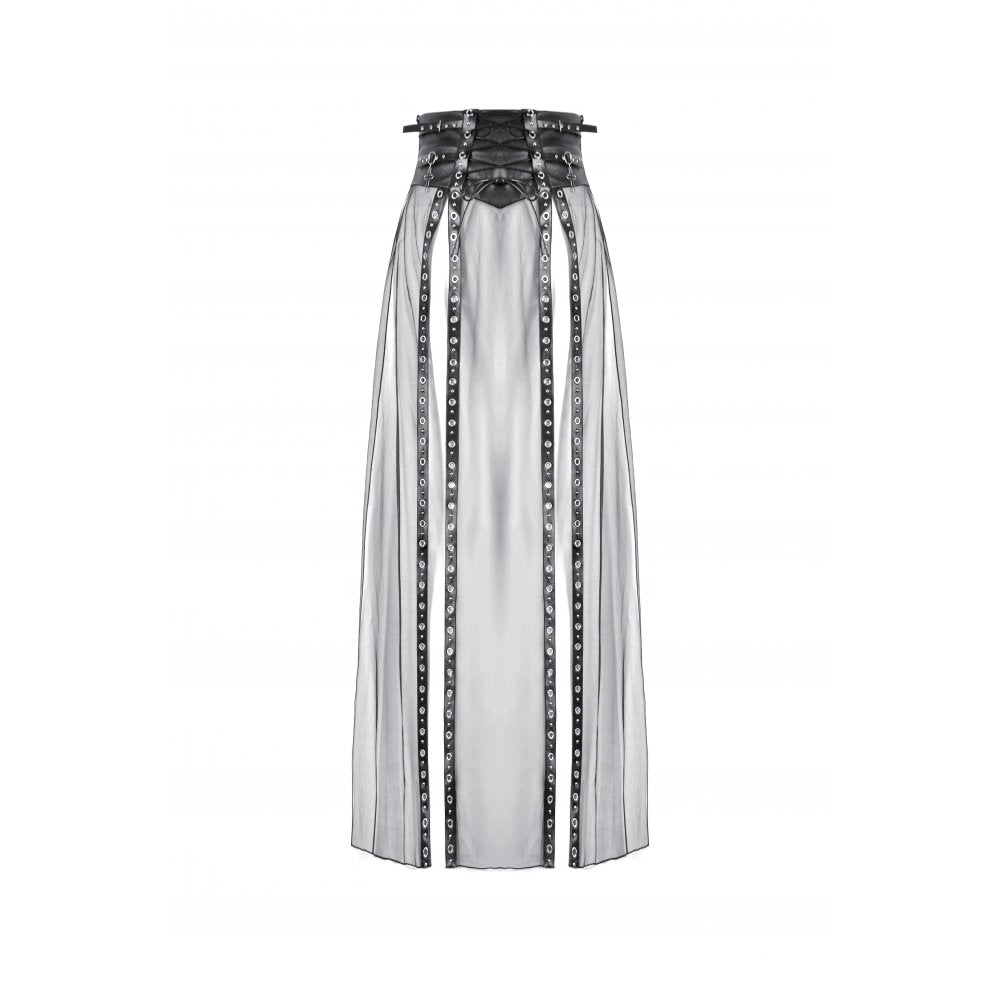 Dark in Love Women's Gothic Maxi Skirt Mesh with PU Waist Corset - Waistband Detail - QHA UK