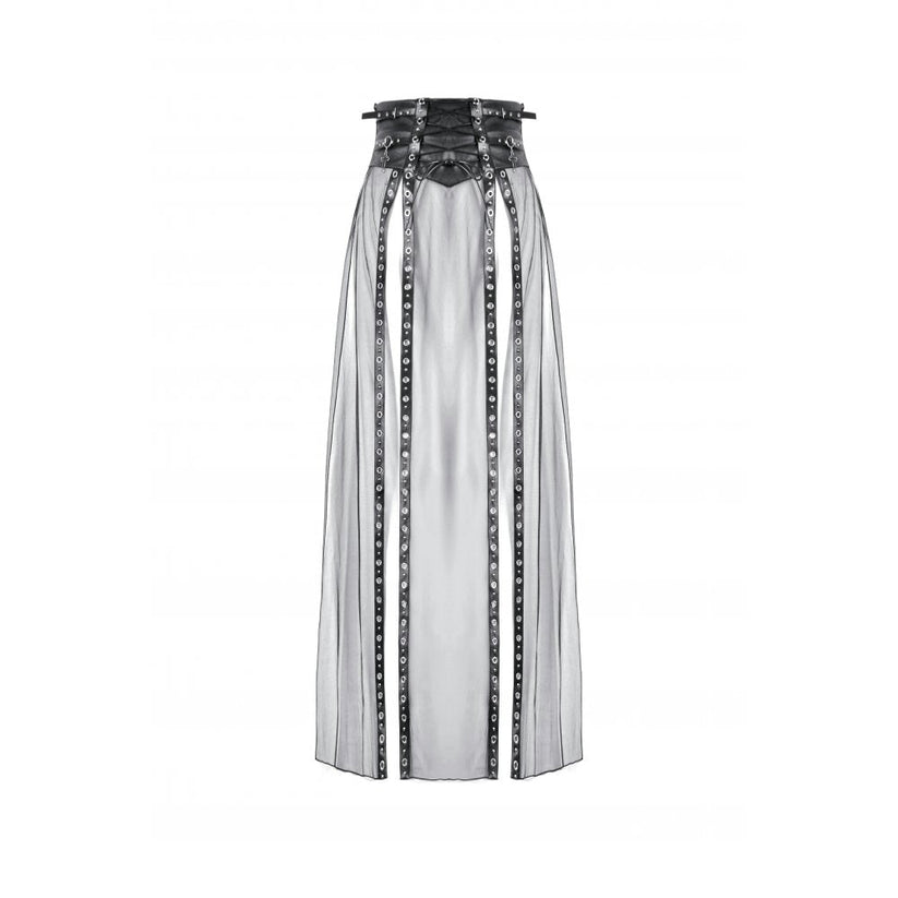 Dark in Love Women's Gothic Maxi Skirt Mesh with PU Waist Corset - Waistband Detail - QHA UK