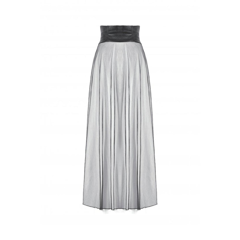 Dark in Love Women's Gothic Maxi Skirt Mesh with PU Waist Corset - Waistband Detail - QHA UK