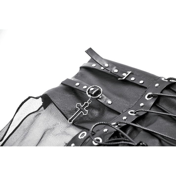 Dark in Love Women's Gothic Maxi Skirt Mesh with PU Waist Corset - Waistband Detail - QHA UK