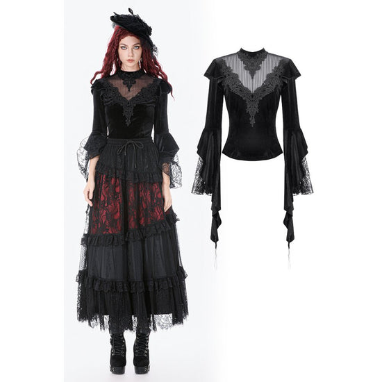 Dark in Love Women's Gothic Blouse Velvet Lace High-Neck Top UK 8-18 - QHA UK