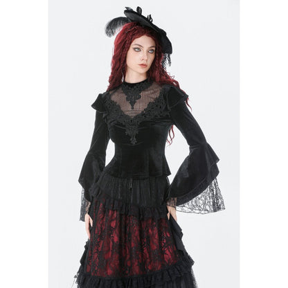 Dark in Love Women's Gothic Blouse Velvet Lace High-Neck Top UK 8-18 - Collar Detail - QHA UK