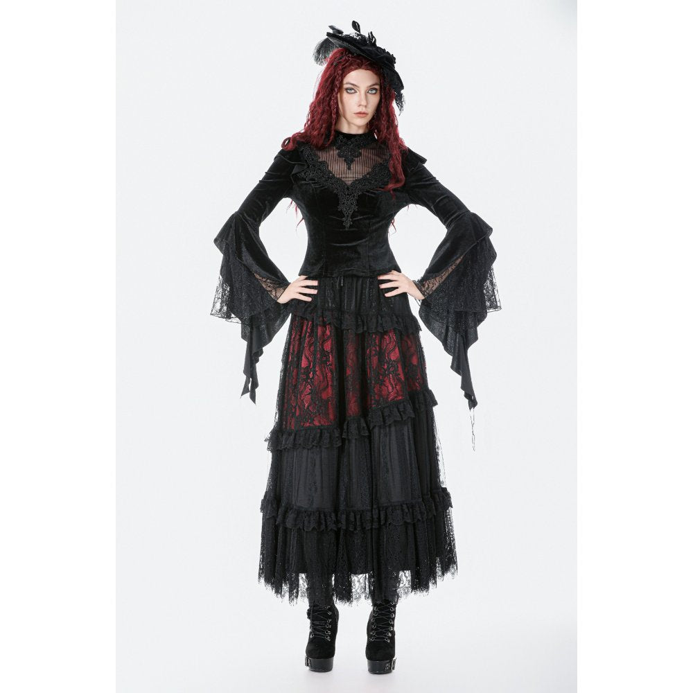 Dark in Love Women's Gothic Blouse Velvet Lace High-Neck Top UK 8-18 - Collar Detail - QHA UK