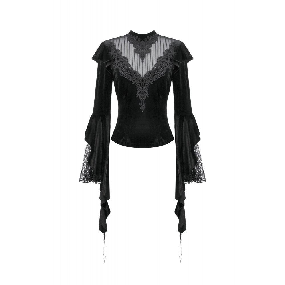 Dark in Love Women's Gothic Blouse Velvet Lace High-Neck Top UK 8-18 - Collar Detail - QHA UK