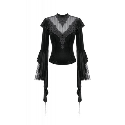 Dark in Love Women's Gothic Blouse Velvet Lace High-Neck Top UK 8-18 - Collar Detail - QHA UK