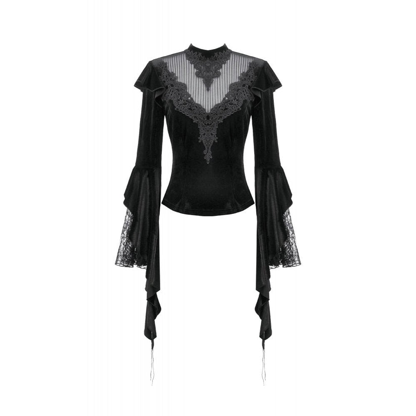 Dark in Love Women's Gothic Blouse Velvet Lace High-Neck Top UK 8-18 - Collar Detail - QHA UK