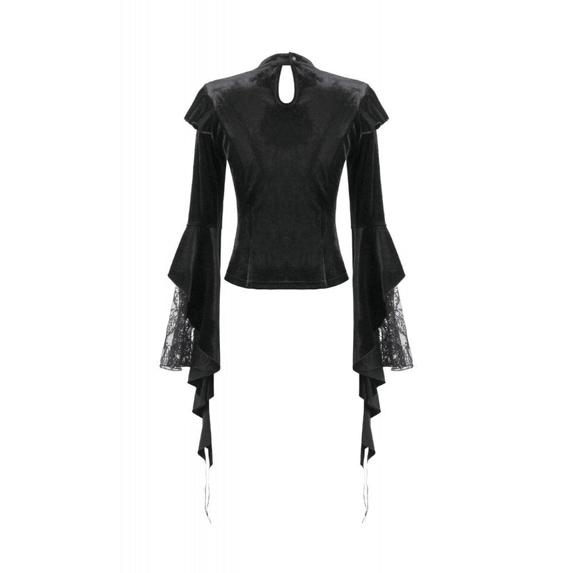 Dark in Love Women's Gothic Blouse Velvet Lace High-Neck Top UK 8-18 - Collar Detail - QHA UK