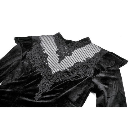 Dark in Love Women's Gothic Blouse Velvet Lace High-Neck Top UK 8-18 - Collar Detail - QHA UK