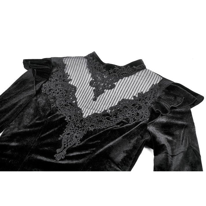 Dark in Love Women's Gothic Blouse Velvet Lace High-Neck Top UK 8-18 - Collar Detail - QHA UK