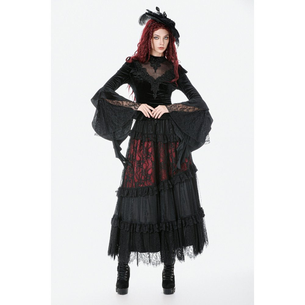Dark in Love Women's Gothic Blouse Velvet Lace High-Neck Top UK 8-18 - Collar Detail - QHA UK