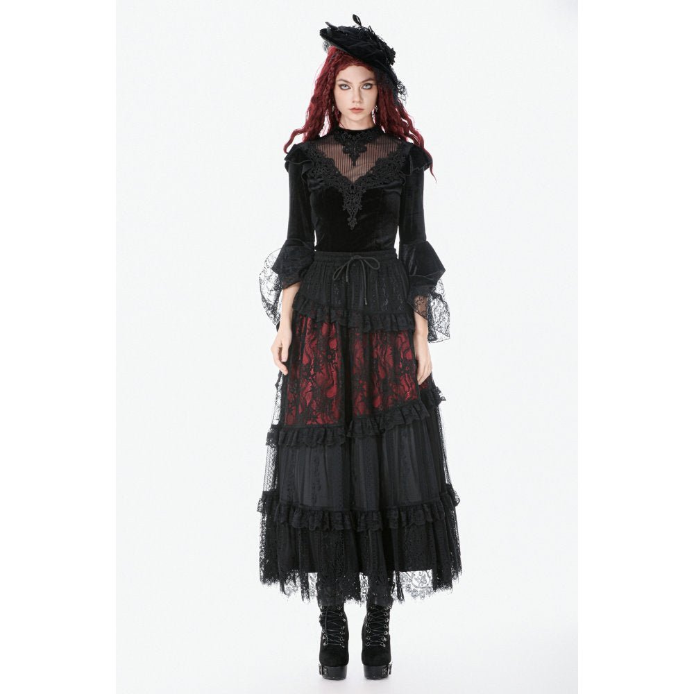 Dark in Love Women's Gothic Blouse Velvet Lace High-Neck Top UK 8-18 - Collar Detail - QHA UK