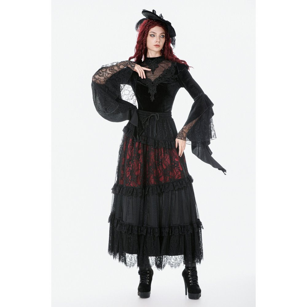 Dark in Love Women's Gothic Blouse Velvet Lace High-Neck Top UK 8-18 - Collar Detail - QHA UK