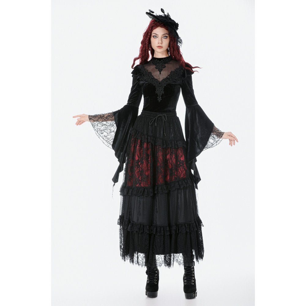 Dark in Love Women's Gothic Blouse Velvet Lace High-Neck Top UK 8-18 - Collar Detail - QHA UK