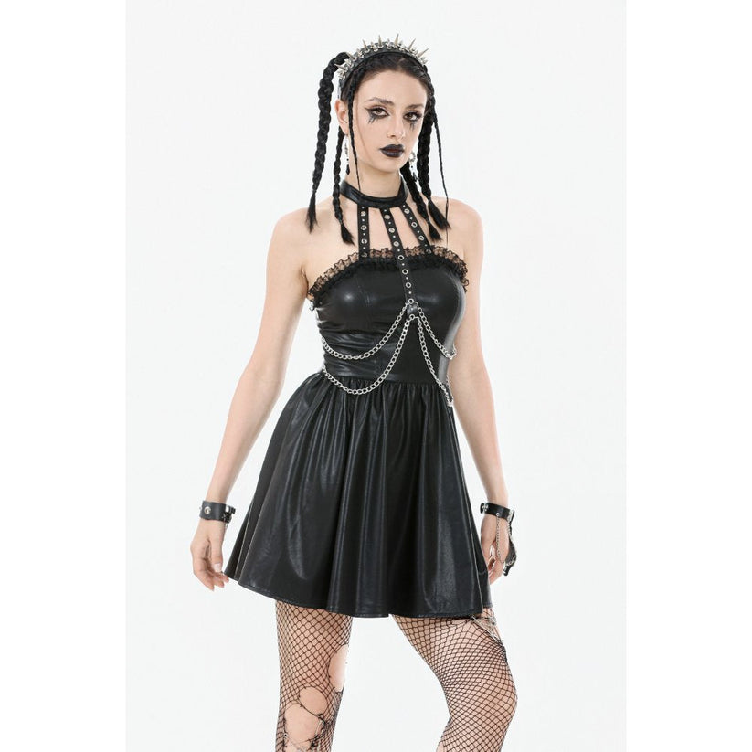 Dark in Love Mini Dress Harness Chain Faux Leather UK 8-22 - QHA UK