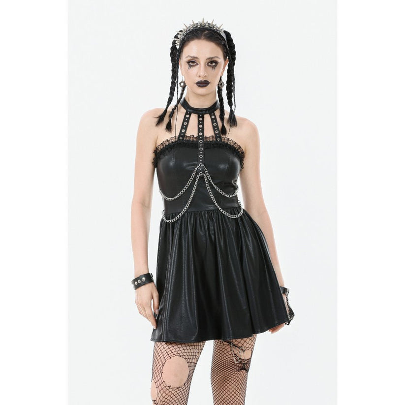 Dark in Love Mini Dress Harness Chain Faux Leather UK 8-22 - QHA UK