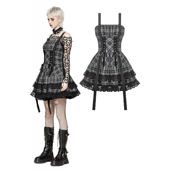 Dark in Love Punk Dress Ida Grey Tartan Metal Studded UK 8-18 - QHA UK