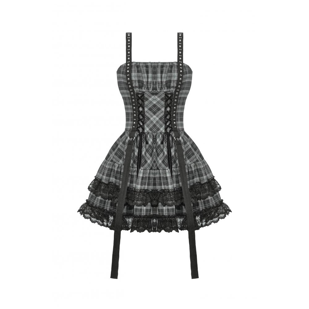 Dark in Love Punk Dress Ida Grey Tartan Metal Studded UK 8-18 - QHA UK