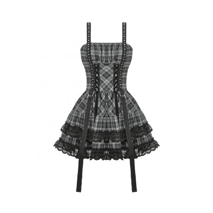 Dark in Love Punk Dress Ida Grey Tartan Metal Studded UK 8-18 - QHA UK