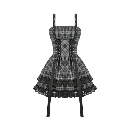 Dark in Love Punk Dress Ida Grey Tartan Metal Studded UK 8-18 - QHA UK