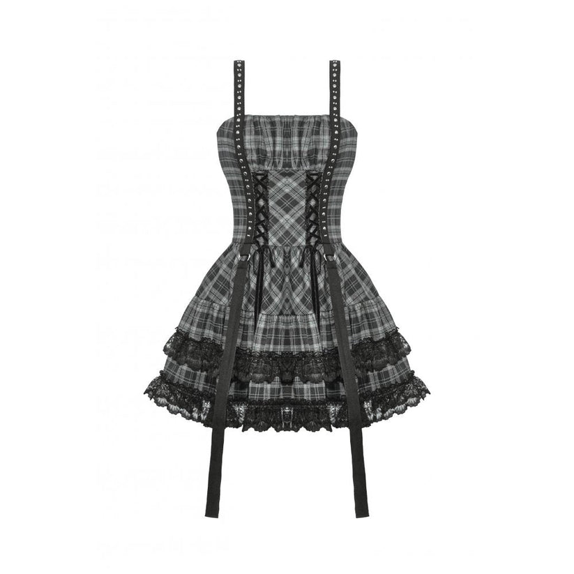 Dark in Love Punk Dress Ida Grey Tartan Metal Studded UK 8-18 - QHA UK