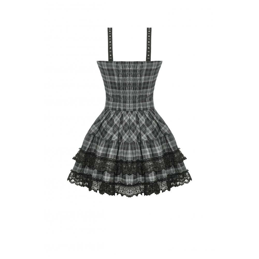 Dark in Love Punk Dress Ida Grey Tartan Metal Studded UK 8-18 - QHA UK