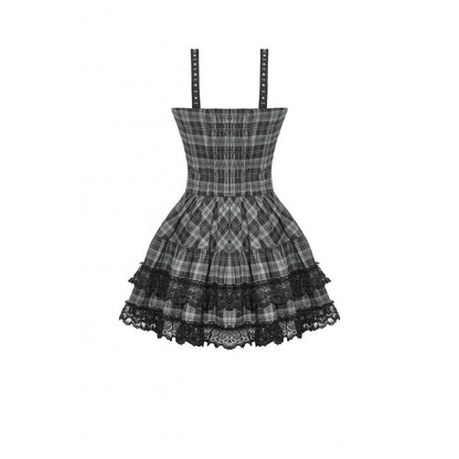 Dark in Love Punk Dress Ida Grey Tartan Metal Studded UK 8-18 - QHA UK